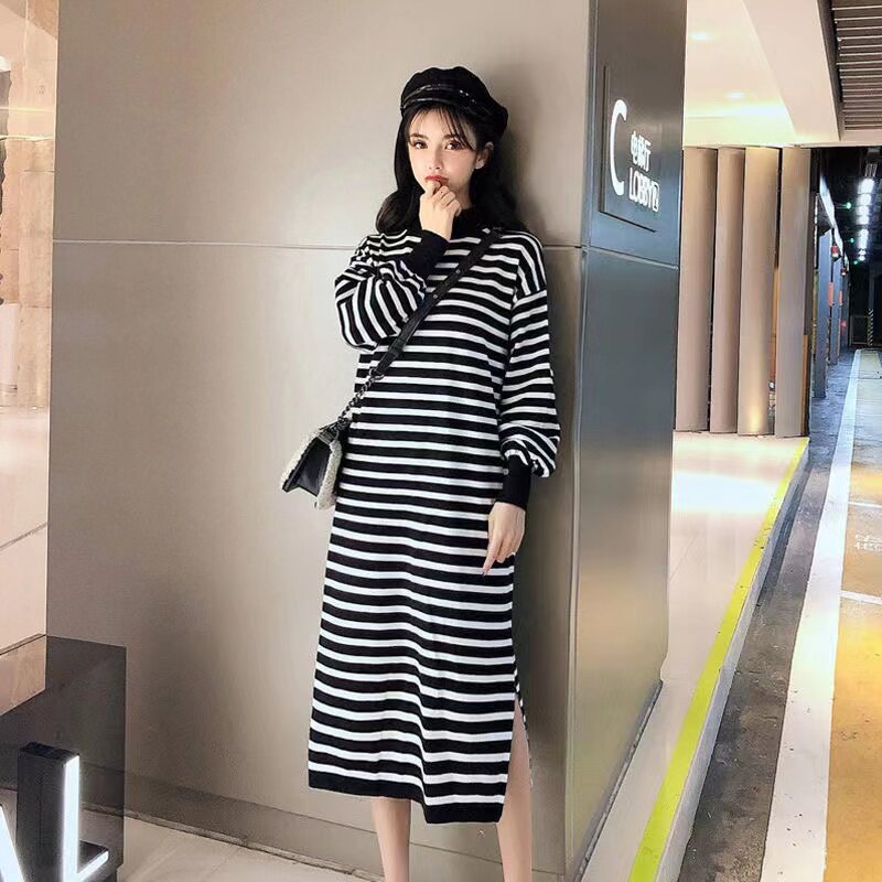 Autumn and Winter Half TurtleNeck Pregnant Women's Knitted Dress Korean Style Long Sleeve Loose Split Stripe Pullovers Sweater