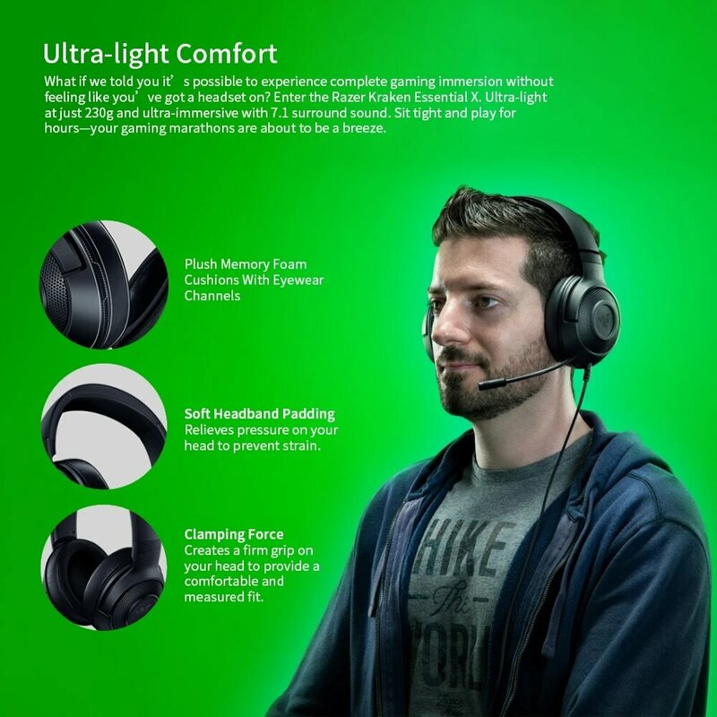 Razer Kraken X 필수 게이밍 헤드셋, 7.1 서라운드 사운드 헤드폰, 구부릴 수 있는 카디오이드 마이크, 40mm 드라이버 유닛 헤드폰
