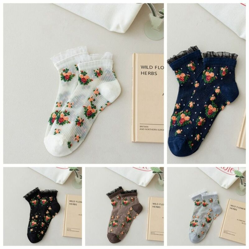 Ultra-thin Crystal Silk Socks Anti-Friction Foot Sweat Absorbing Lace Ruffle Socks Mid-tube Breathable Floral Embroidery Socks