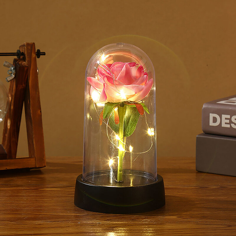 Base de luz nocturna Rosa creativa con cadena de luz LED, flor de cadena, cubierta de vidrio transparente, pantalla de lámpara, flor de simulación, regalo de decoración del hogar