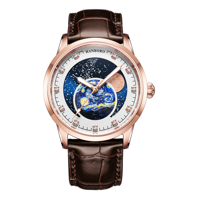 HANBORO Moonphase ساعة الصلب ساعات رجالي الأرض النجوم الميكانيكية ساعة أوتوماتيكية العلامة التجارية الفاخرة ساعة مضادة للماء