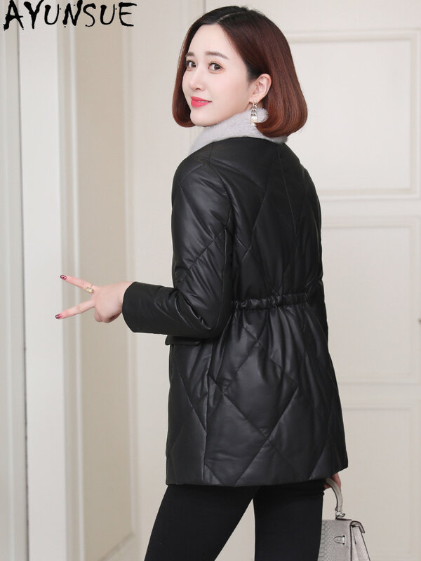 AYUNSUE Real Leather Down Jacket Women Winter 2023 Mid-length Elegant Genuine Sheepskin Coat Mink Fur Collar Black Down Coats