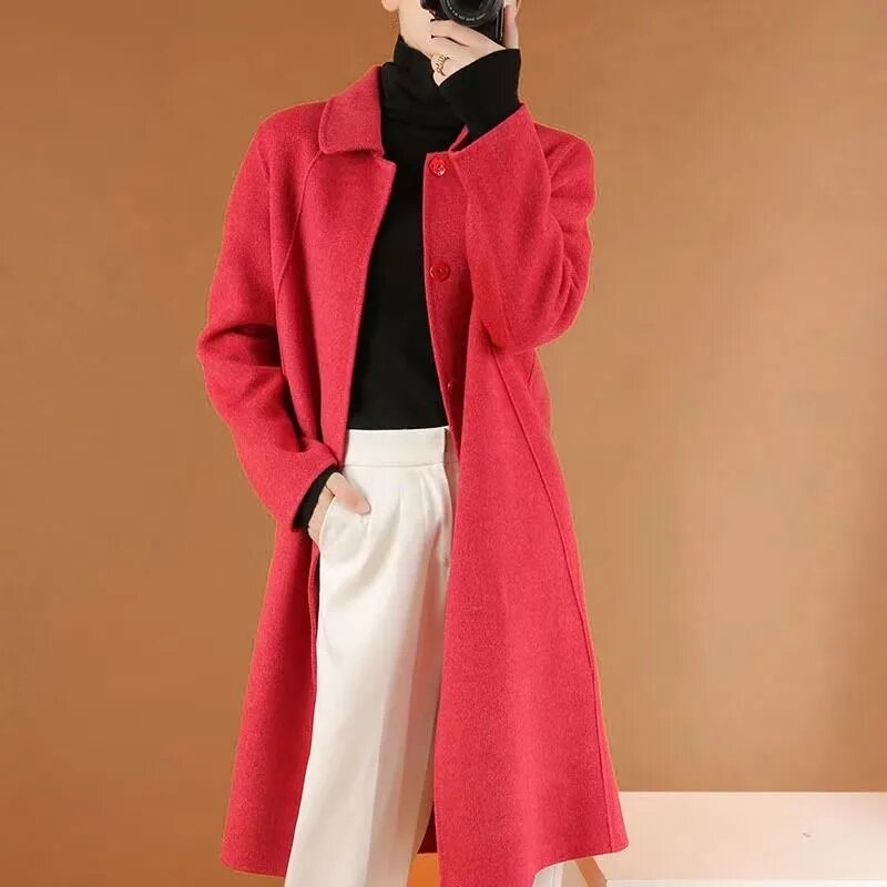 Mantel Wol Dua Sisi Wanita Pertengahan Panjang 2023 Musim Gugur Musim Dingin Baru Warna Murni Mode Korea Mantel Wol Longgar Pakaian Luar Casacos