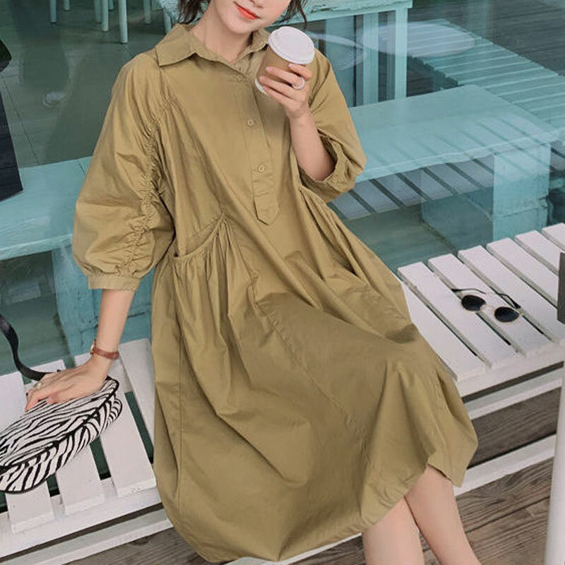 Vestido Midi holgado para mujer, ropa de media manga que combina con todo, línea A, cuello de Polo empalmado, Color sólido, verano 2024
