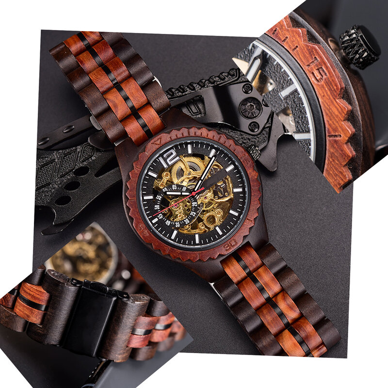 Drewniane zegarki mechaniczna dla mężczyzn, automatyczne samonakręcanie szkieletowe analogowe drewniane zegarki z opaską i ramką przezroczyste etui tyłu