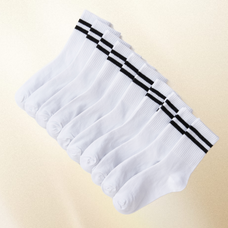 Conjunto de meias de comprimento médio para mulheres, barras paralelas, absorção de suor popular, preto e branco sólido, 10 pares, moda