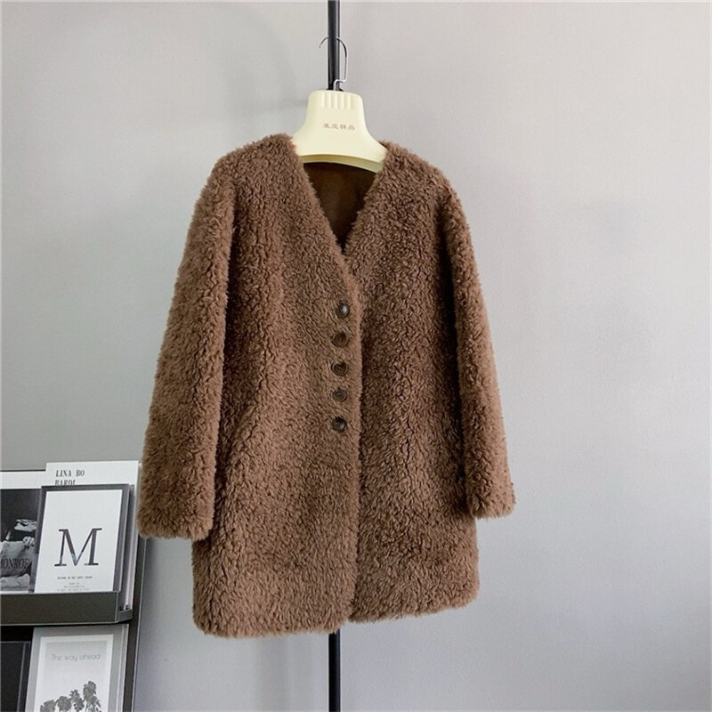 Abrigo cálido de lana de cordero para mujer, chaqueta holgada de longitud media, cuello en V, negro, PT436, nuevo