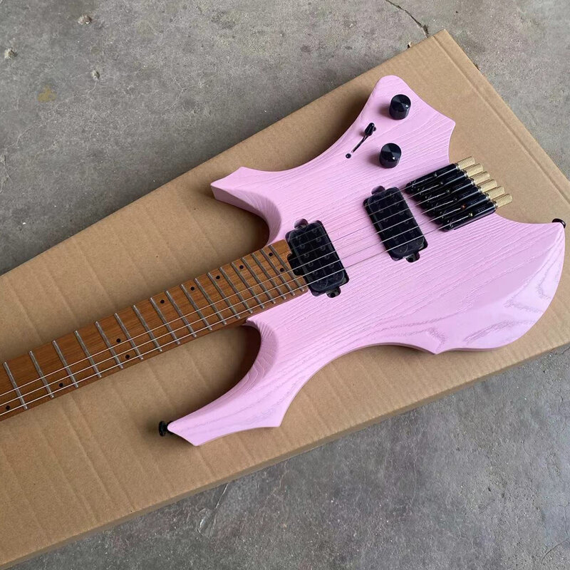 Acepro różowa gitara elektryczna bez głowy, popielnik, Jumbo ze stali nierdzewnej ukośne progi, wzmocnienie w szyi