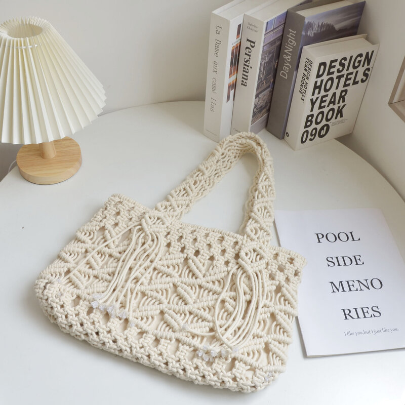 Cotton Rope Hand Woven Bag, Simple And Artistic Beach Vacation Solid Color Shoulder Bag