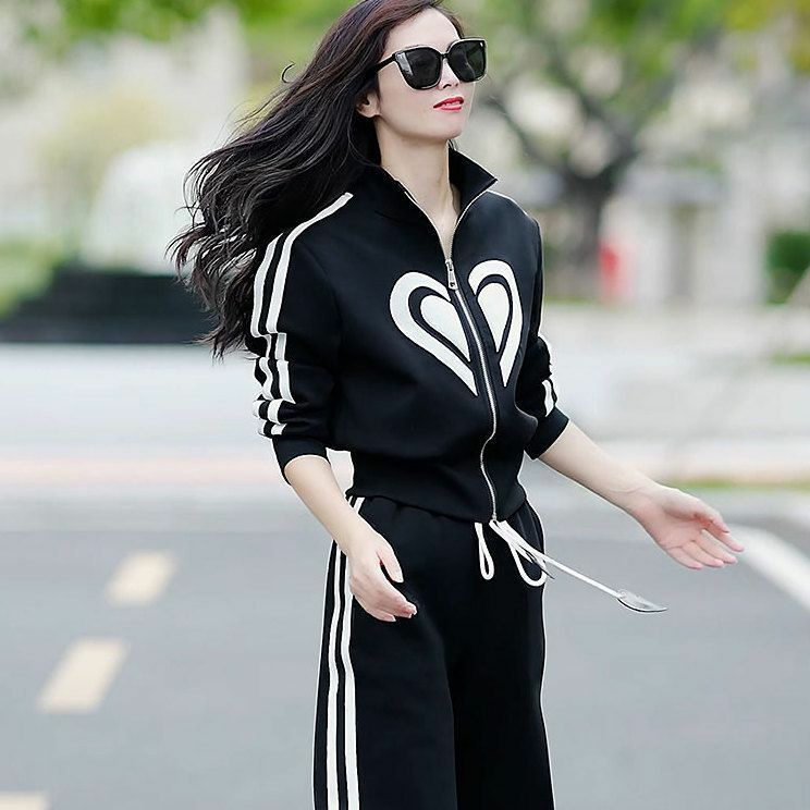 Spring New High Quality Stand Up Neck Zipper Top Coat Wide Leg Pants Two Piece Fashion Casual Sports Set for Women