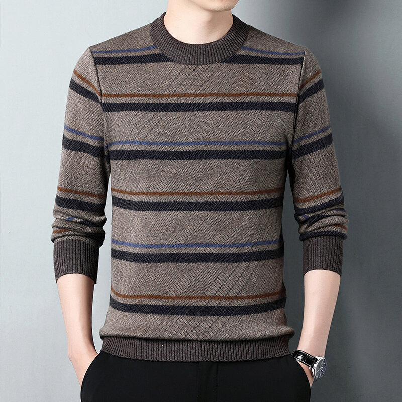 เสื้อสเวตเตอร์ถักแบบหนาสไตล์เกาหลีสำหรับผู้ชายเสื้อสเวตเตอร์ลายทางสีตัดกัน/คุณภาพสูงสำหรับฤดูใบไม้ร่วงฤดูหนาว