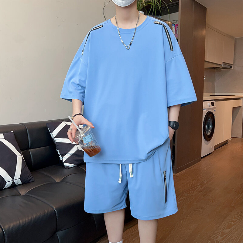 Chándal de gran tamaño para hombre, camiseta de diseño con cremallera, pantalones cortos, conjuntos de dos piezas, ropa de calle coreana, nuevo