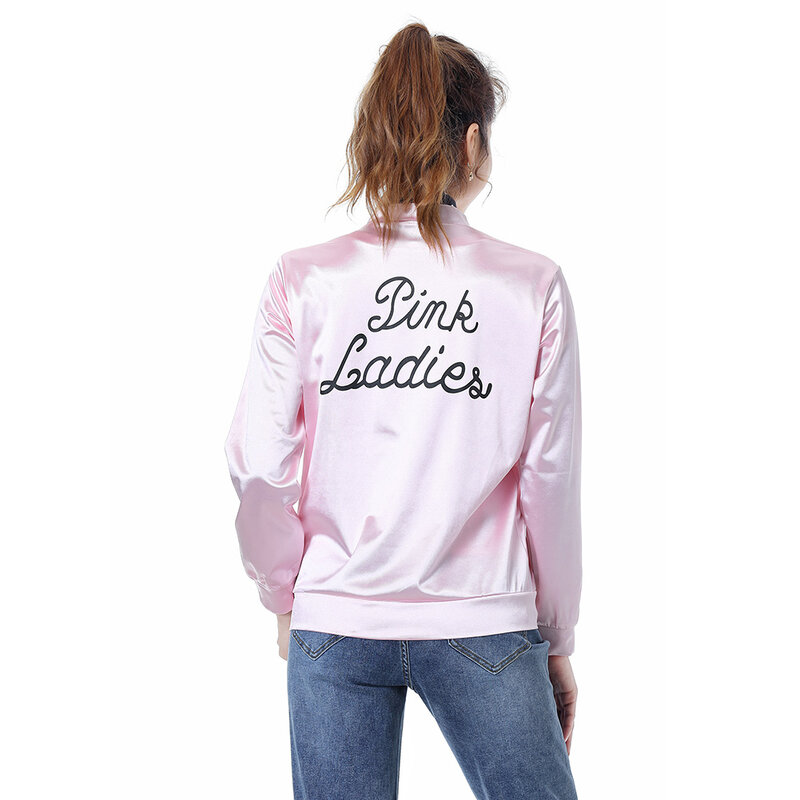 Movie Grease Cosplay Adult Female Pink Lady Costume Retro Trench Satin Coat Jacket Halloween Cosplay Solid Cheerleader Tracksuit