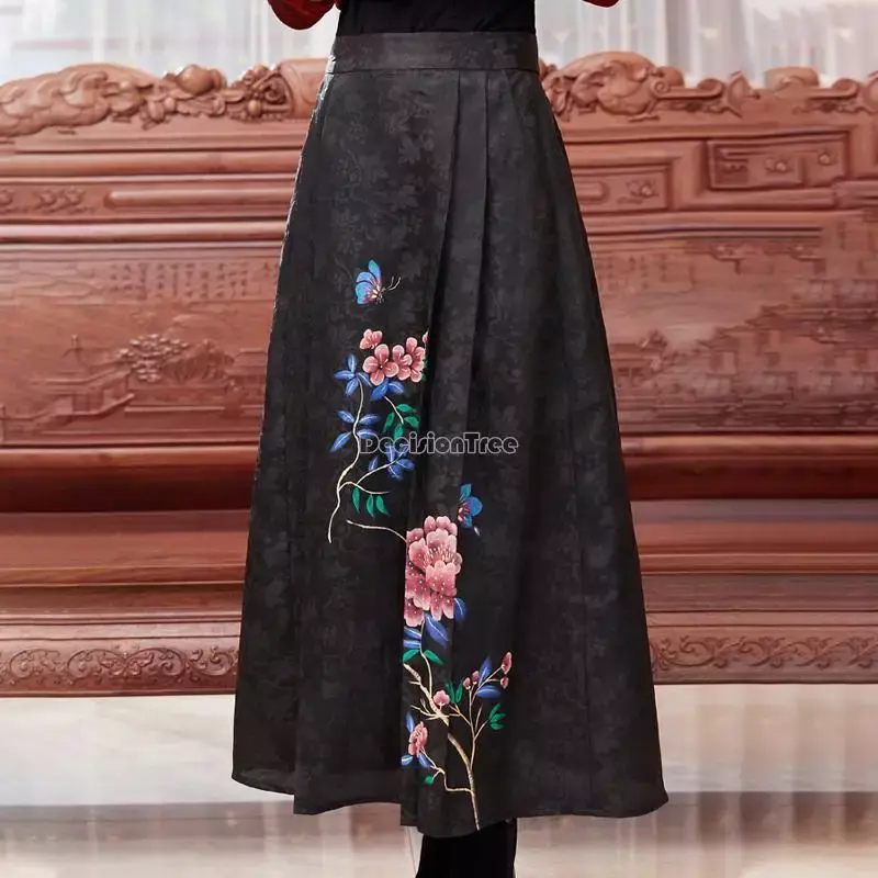Traje tang clásico para mujer, falda larga con estampado de hilo, estilo chino retro, holgada, de cintura alta, g522, 2023