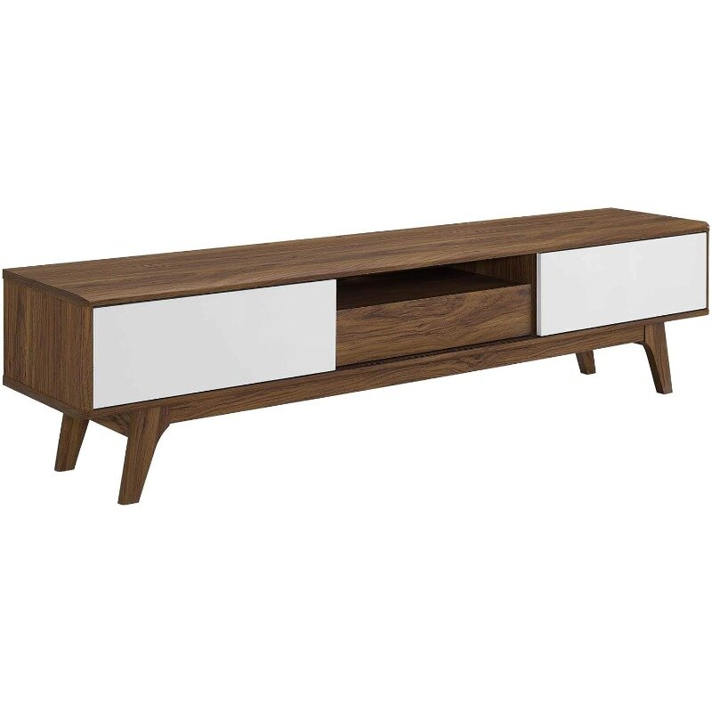 Envision 70" Mid-Century Modern Low Profile Entertainment TV Stand in Walnut White