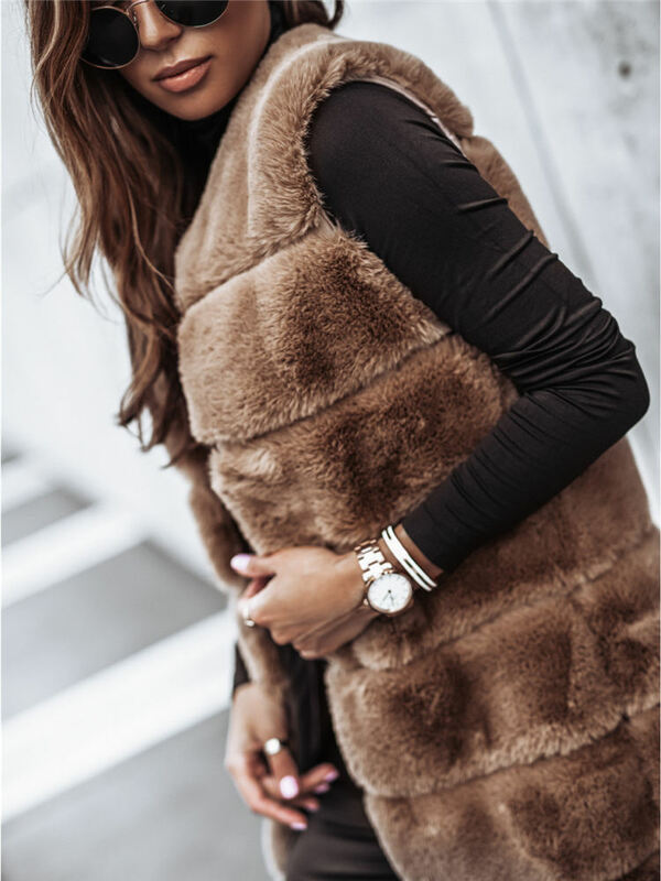Women Luxury Faux Fur Vest Imitation Mink Fleece Sleeveless Long Cardigan Plaid Puff Coat Plush Tops