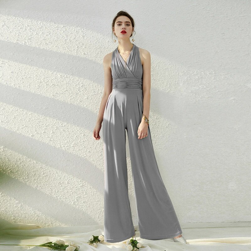 Women Jumpsuits V-neck Sleeveless Pants Sets Office Lady Party Straight Wide Leg Pants Bodysuits One Piece Outfit Jumpsuit