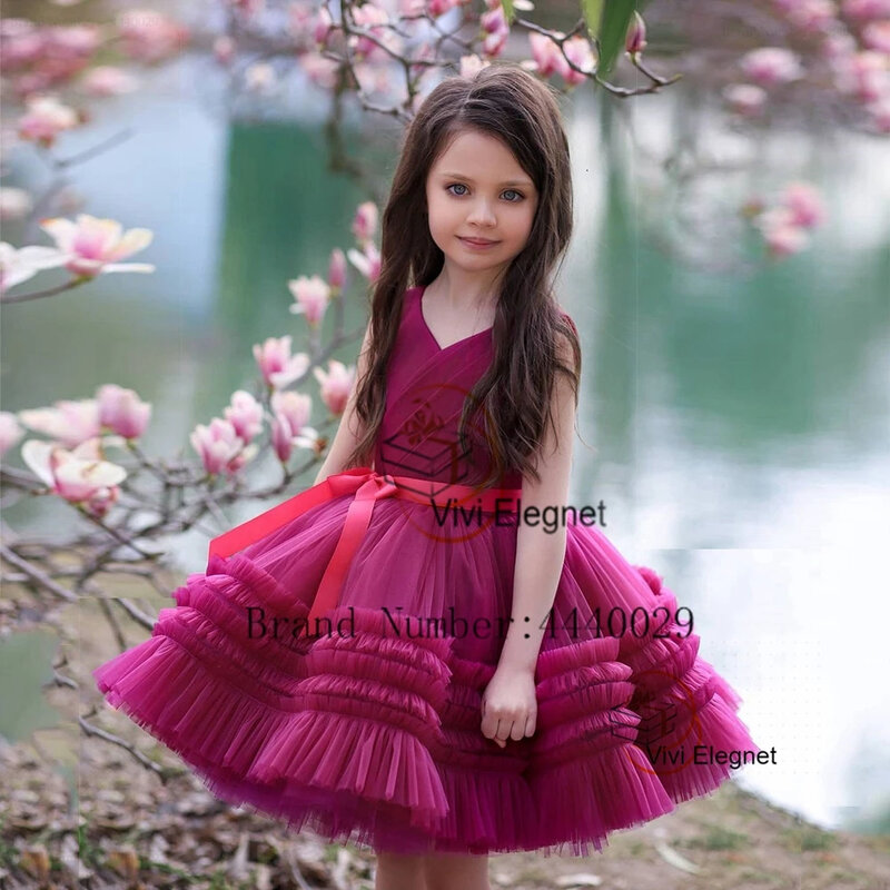 Dziewczęce sukienki kwiatowe dla dzieci 2024 do kolan miękki tiul suknie świąteczne z czerwony pas latem فلور فتاة اللباس