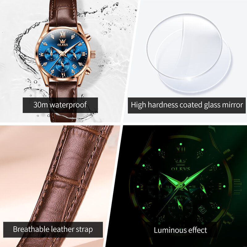OLEVS นาฬิกาควอทซ์โครโนกราฟหรูหราแบรนด์ชั้นนำสำหรับผู้หญิงสายหนังนาฬิกาแฟชั่นปฏิทินเรืองแสงกันน้ำ