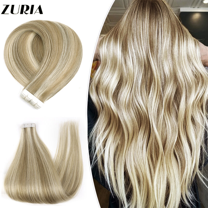 ZURIA-Extensions de Cheveux Humains avec Ruban Adhésif pour Femme, Mini Postiches, Perruques Droites Naturelles Originales, 12-24 ", 10Pcs