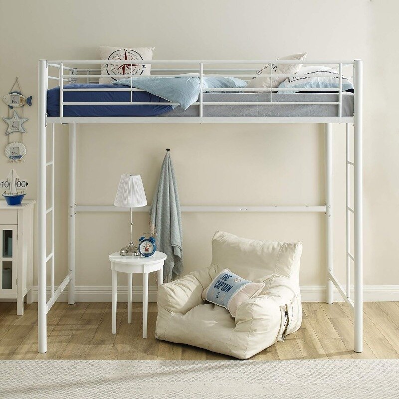 Timothee Urban Industrial Metal Twin over Loft Bunk Bed, Twin Size, White