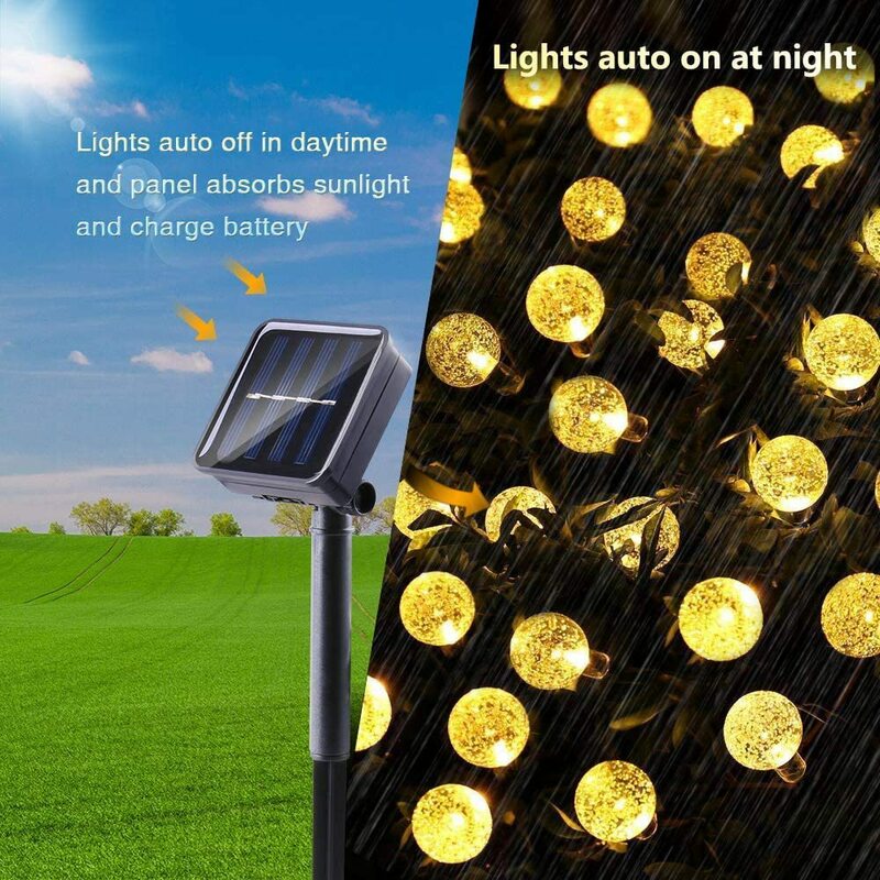 Lampu tenaga surya 100 LED/12M, bola kristal 8 mode LED, lampu tali, lampu karangan bunga untuk dekorasi luar ruangan pesta Natal