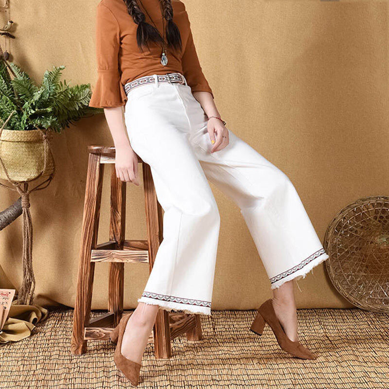 Spring Autumn Fashion Embroidery Spliced Ladies Wide Leg Denim Pants Vintage Loose High Waist Cropped Trousers Women's Clothing