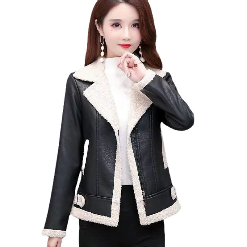 Женское пальто из искусственной кожи, утолщенное теплое пальто из искусственной кожи с плюшевой подкладкой, Осень-зима 2023