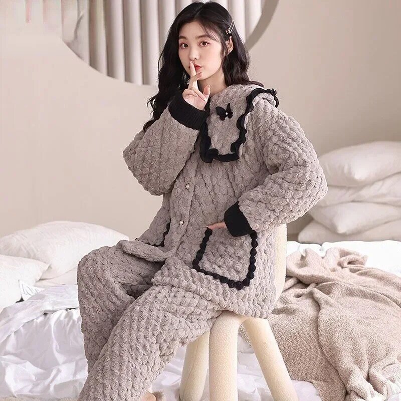 Conjunto pijama de algodão de camada tripla para mulheres, veludo coral, espessado, luxuoso, loungewear quente, flanela, tamanho grande, feminino, inverno