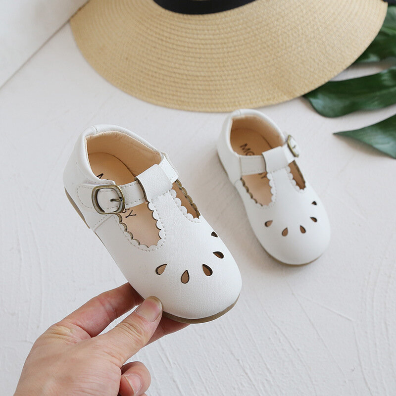 HoneyCherry Summer New Leather Shoes Retro Hollow Children's Soft Bottom Peas Shoes Toddler Girl Shoes