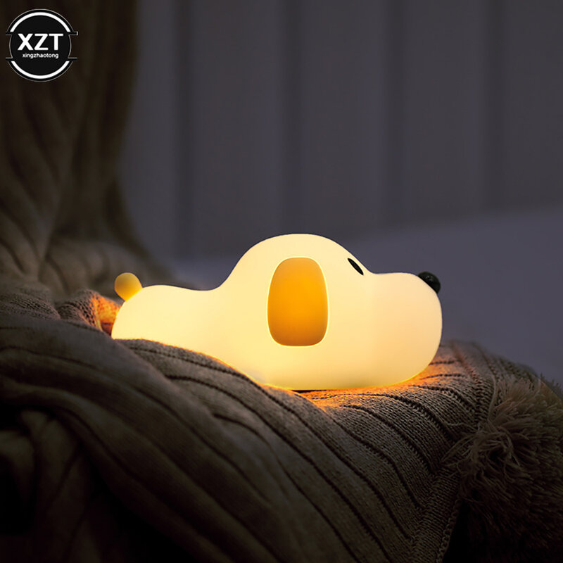 Silicone Dog LED Night Light com Sensor de Toque, USB Recarregável, Bedside Puppy Lamp, 2 Cores, Timer Regulável, Crianças, Brinquedo do bebê, Presente