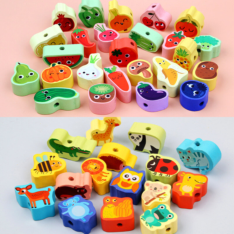 9/36pcs Wooden Toys Baby DIY Toy Cartoon Fruit Animal Stringing Threading Wooden beads Toy Monterssori Educational for Kids