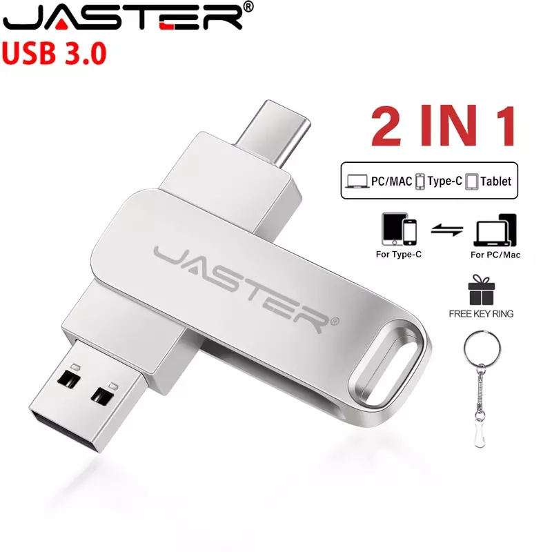 Rotasi USB 3.0 Flash Drive 128GB, TPYE-C 2 dalam 1 stik memori 64GB logam perak penyimpanan eksternal kecepatan tinggi 32GB