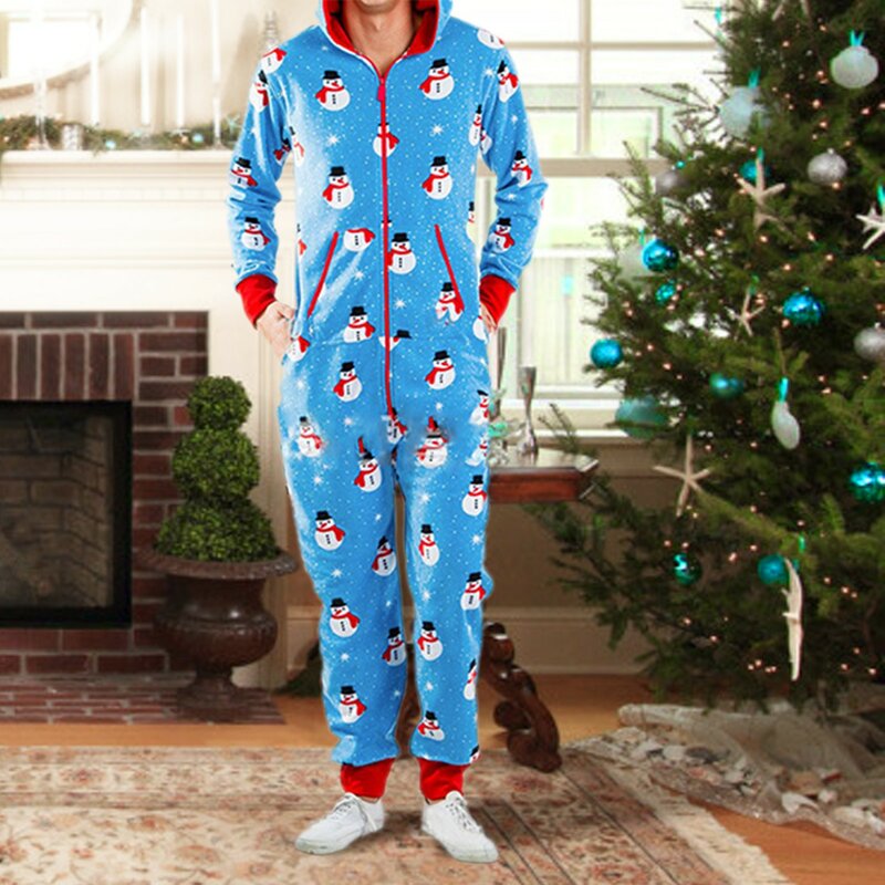 Męska świąteczna piżama kombinezon zimowy zagęszczacz termiczny bluza z kapturem z nadrukiem luźne kombinezony domowe ciepłe kombinezony Romper