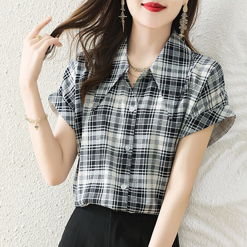 Botão de lapela feminino manga curta xadrez camisa de chiffon solta casual tops, roupas de verão, blusas senhora do escritório, moda 2024