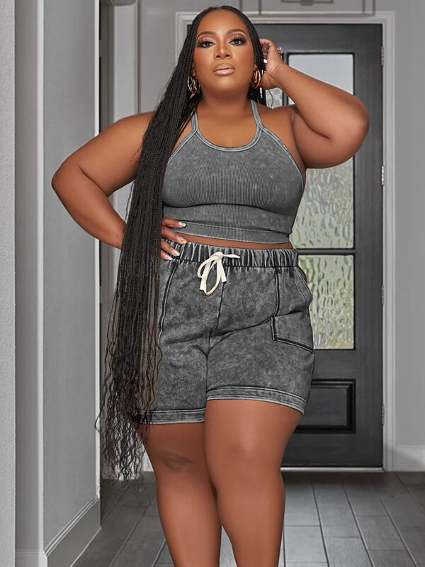 Plus Size Women Tracksuit L-4XL Summer Cami Tank Crop Top Drawstring Bikers Shorts Two Piece Set Casual Sports Clothings 2023