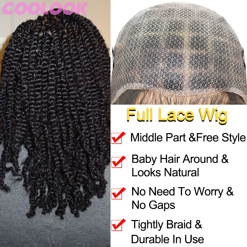 Wig kepang kotak renda penuh 12 "untuk wanita Afrika Wig kepang goyang hitam dengan anyaman Jumbo Wig kepang putar Frontal renda sintetis