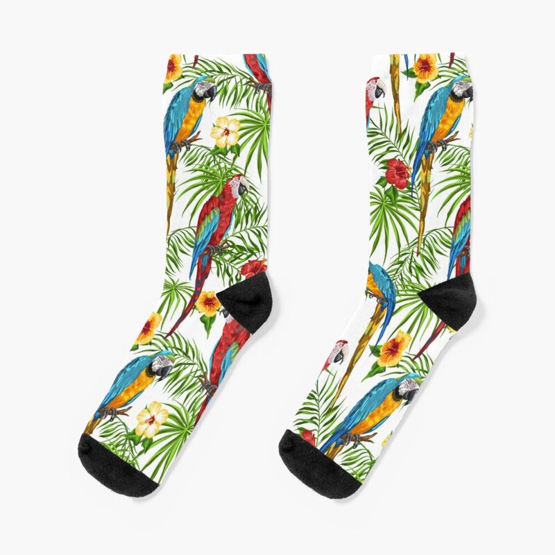 Chaussettes de sport pour hommes, motifs de fleurs d'hibiscus et d'ara, peinture d'oiseaux tropicaux