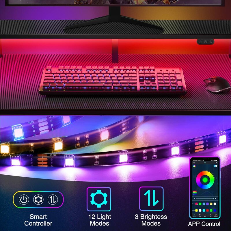 Escritorio para juegos en forma De L con luces LED y tomas De corriente, escritorio Reversible para computadora De 50 "con estante De almacenamiento y soporte para Monitor, De esquina
