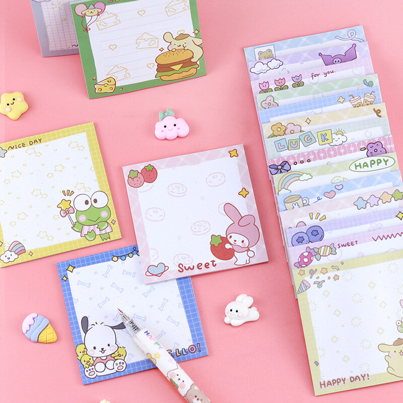 Sanrio Memo Pad catatan tempel 80 lembar lucu Melody Pochacco Kuromi Label alat tulis Notepad perencana stiker perlengkapan sekolah Post