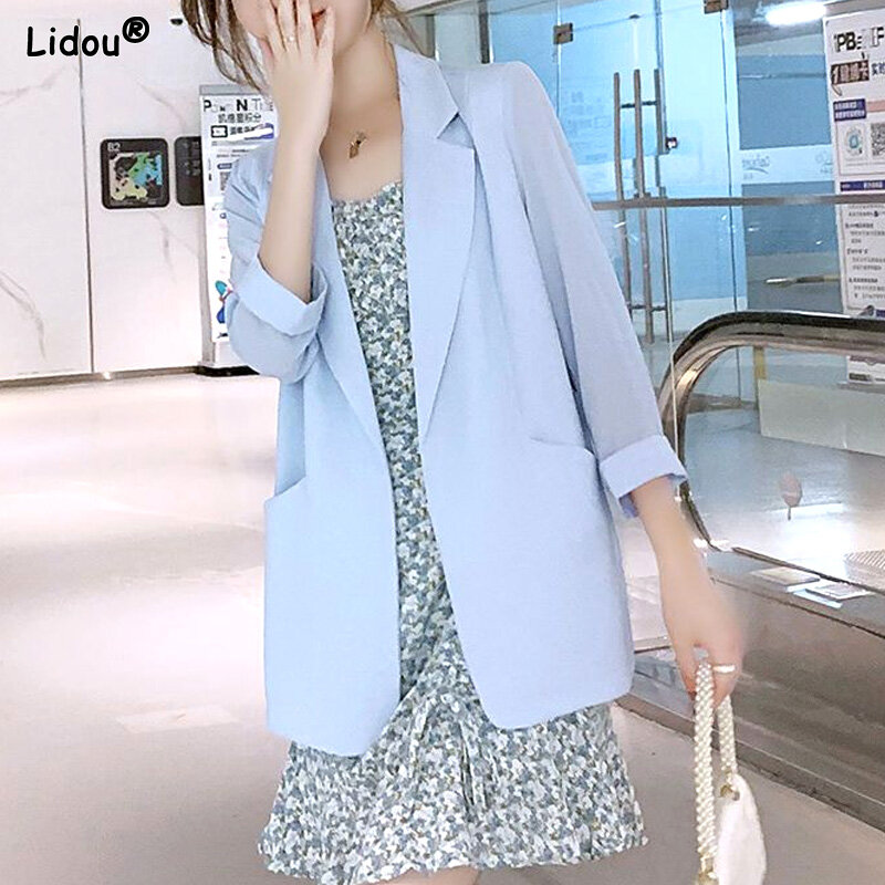 Blazers Solid Color Pockets Notched Loose Fashion Formal Temperament Three Quarter Sleeve Summer Thin Women's Clothing Generous