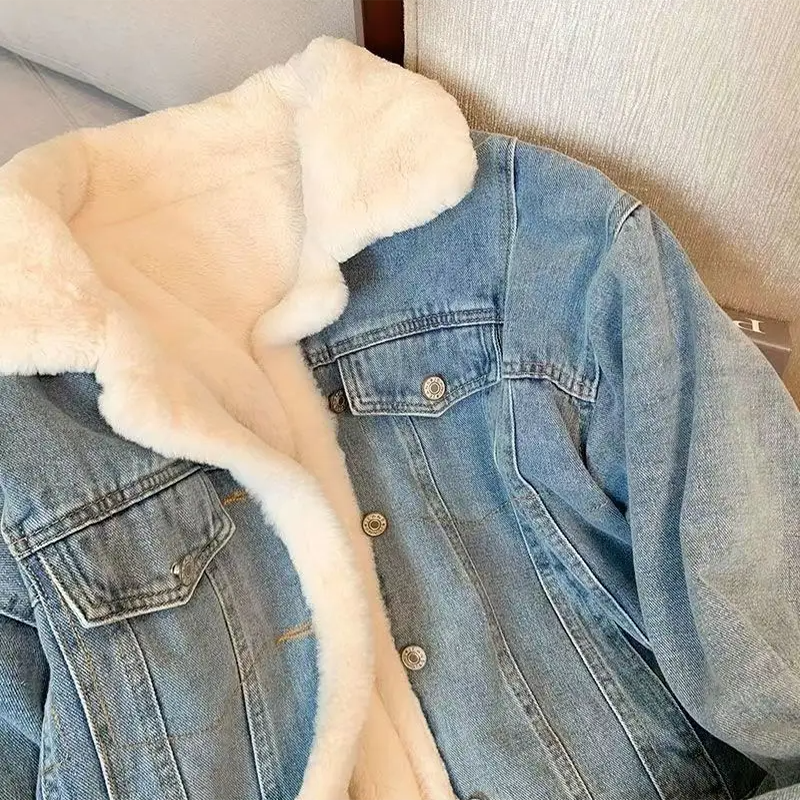 Winter verdicken Jeans jacke Frauen zwei Seiten tragen Lamm wolle Outwear weibliche lose lässig warmen Mantel Dame Polo Kragen Langarm