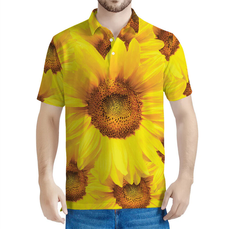 Polo con estampado 3D de girasol amarillo para hombre, camiseta de manga corta con estampado de flores y plantas, ropa de calle con solapa, camisetas con botones de verano, novedad
