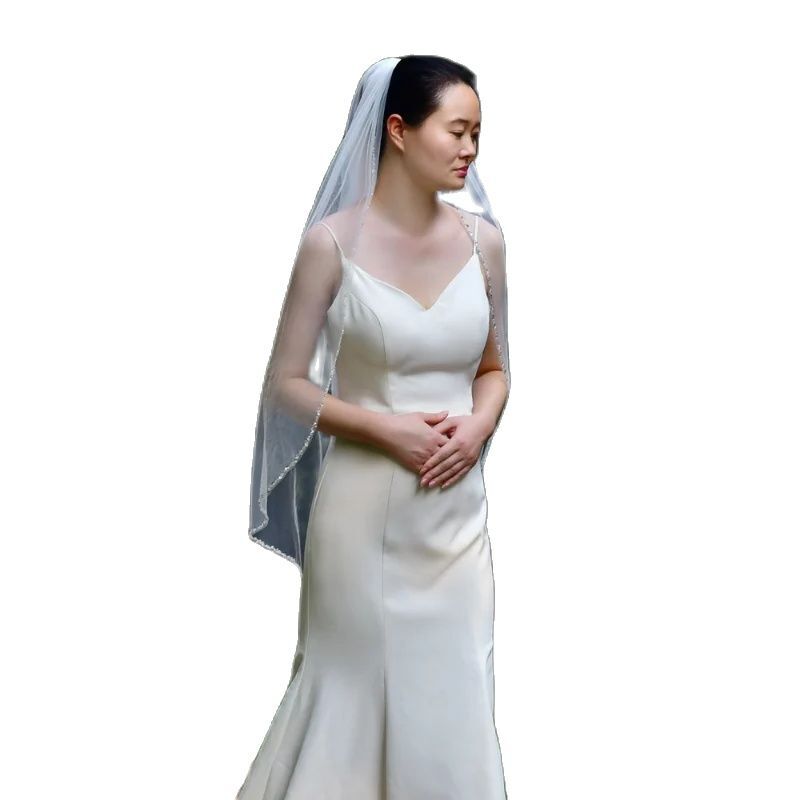Glittery Bridal Veils Wedding Crystal Beaded Wedding Veil with Crystal Edge  Angel Shaped Veil Edged with Bugle