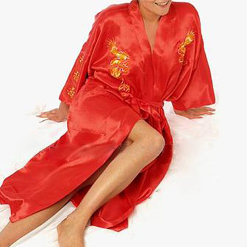 Pijama cetim bordado dragão para homens, pijamas chineses, quimono de seda, vestido casual, pijamas soltos