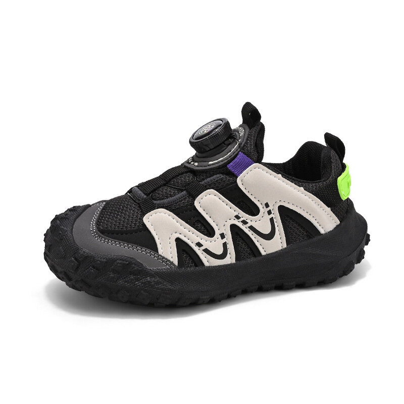 Zapatillas de deporte negras con hebilla giratoria para niños, zapatos para correr, suela suave, primavera y verano, nuevo estilo, 2024