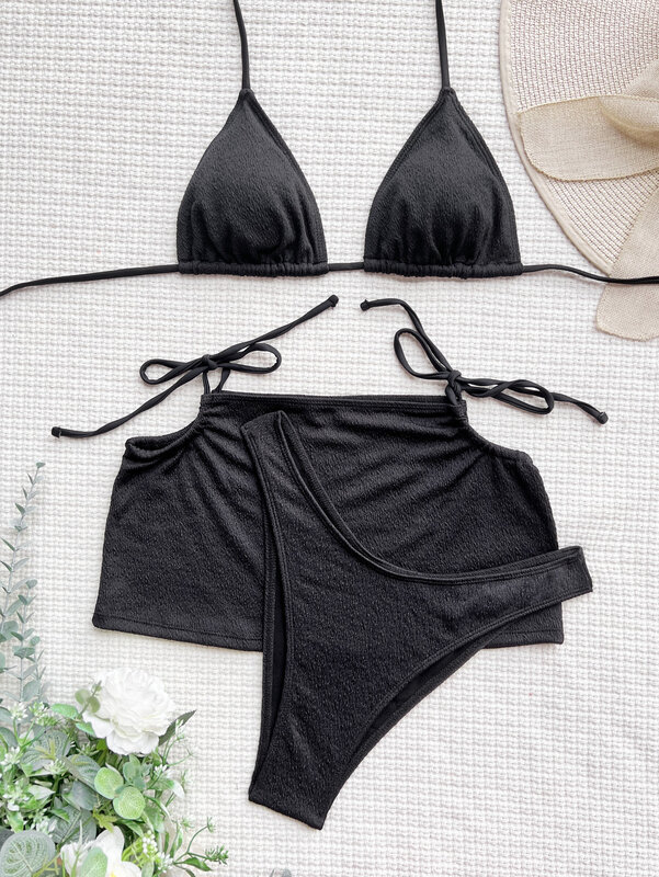 Women solid string halter bikini sets three pieces with lace up mini skirt swimsuit bathing suit beach outfits biquini tankini