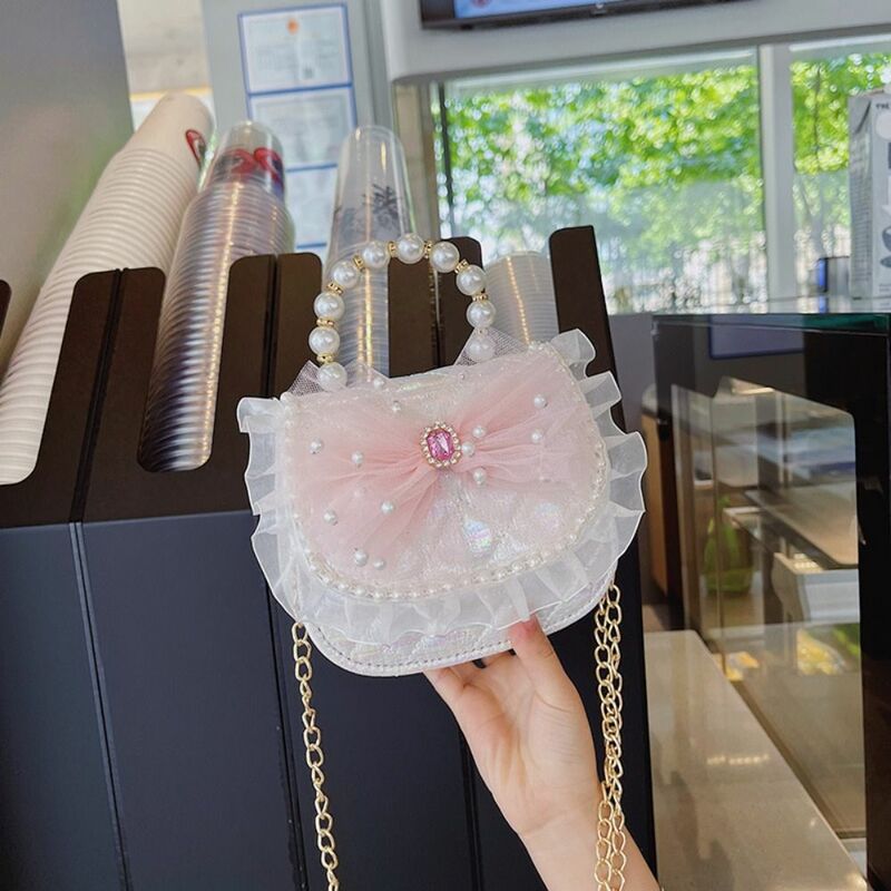 Pearl Handle Mini Chain Crossbody Bag Cute Coin Purse Square Princess Shoulder Bag Bow-knot Clutch Bag Kid's Handbag