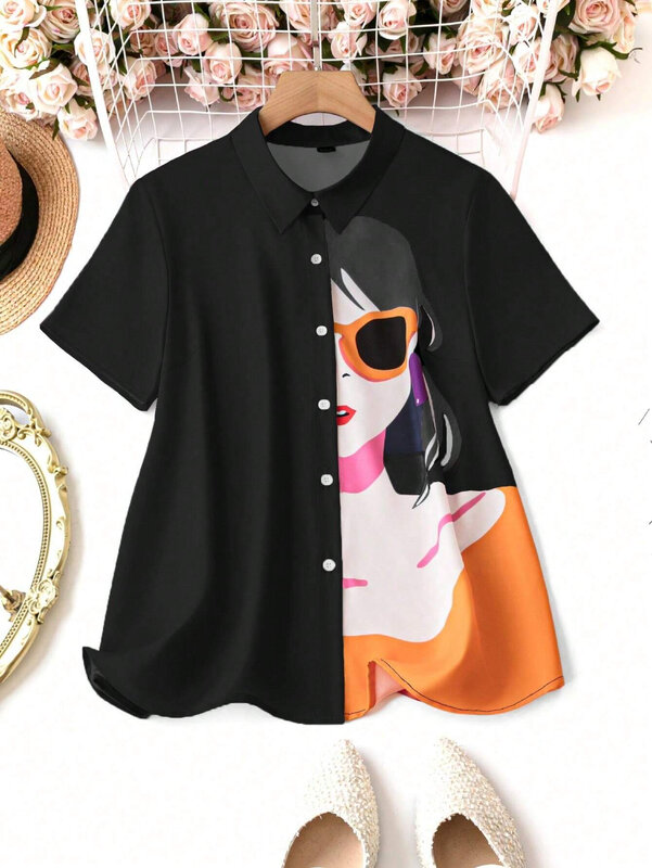 2024 New Summer Women's Shirt 3D Printing Figure Print Women's Fashion Shirt Elegant Short Sleeve Button Top Women's Clothing