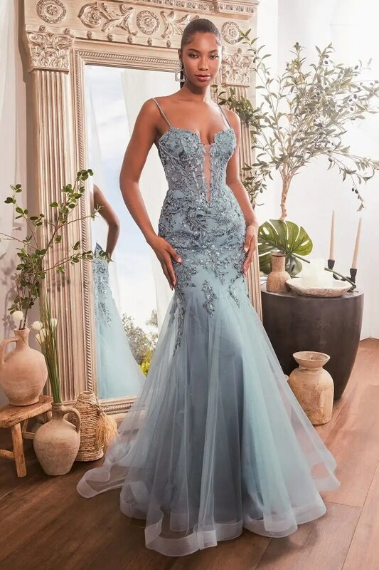 Women'S V Neck Spaghetti Strap Prom Dress Long With Appliques Mermaid Tulle Formal Evening Dresses Elegant Sequin Party Gowns